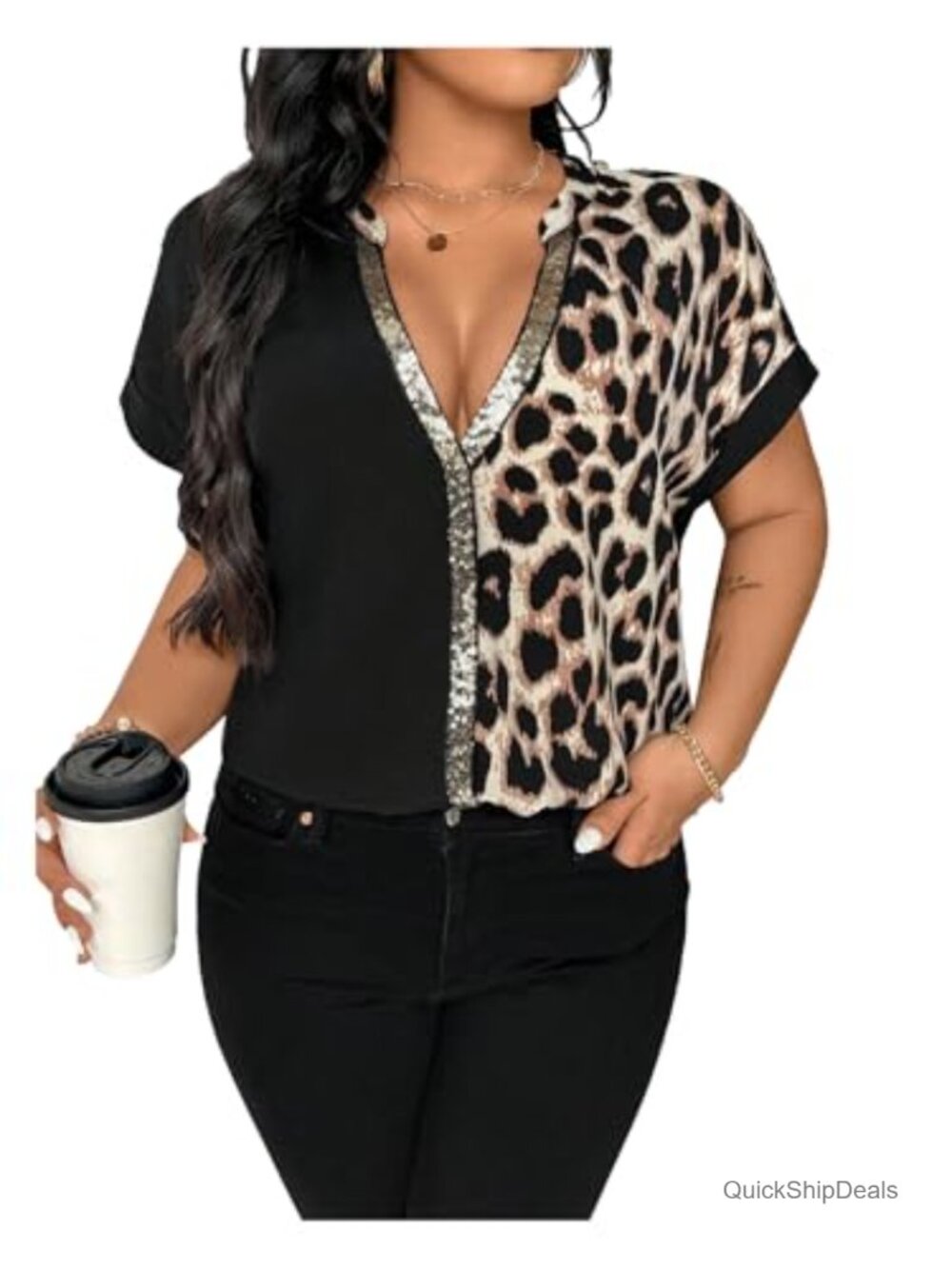 Plus Size Leopard Sequin Party Top Short Sleeve Notch Neck Tunic Blouse